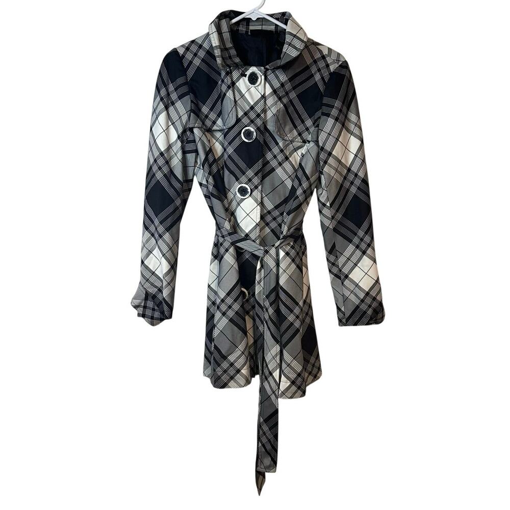 Axcess Liz Claiborne Plaid Belted Trench Coat Size M Black White Chic Preppy